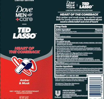 Label (Dove Men Care Ted Lasso Heart Of The Comeback Amber And Musk Dry Spray Antiperspirant   Label)